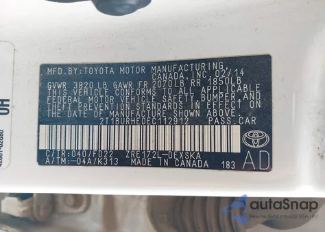 2014 Toyota Corolla S Plus z USA, uszkodzony, nr VIN 2T1BURHE0EC112912